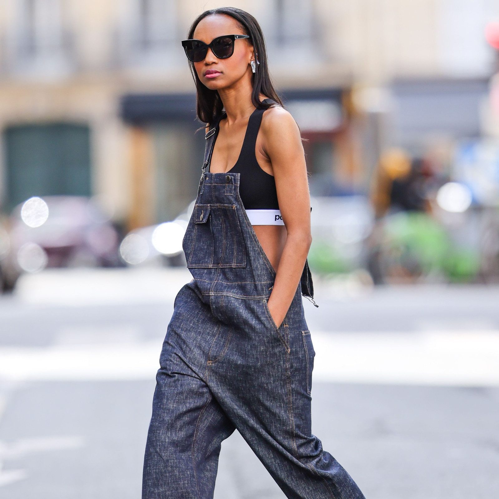 Dark Wash Wide-Leg Overalls with Sports Bra and Sunglasses Dark Wash Wide-Leg Overalls with Sports Bra and Sunglasses