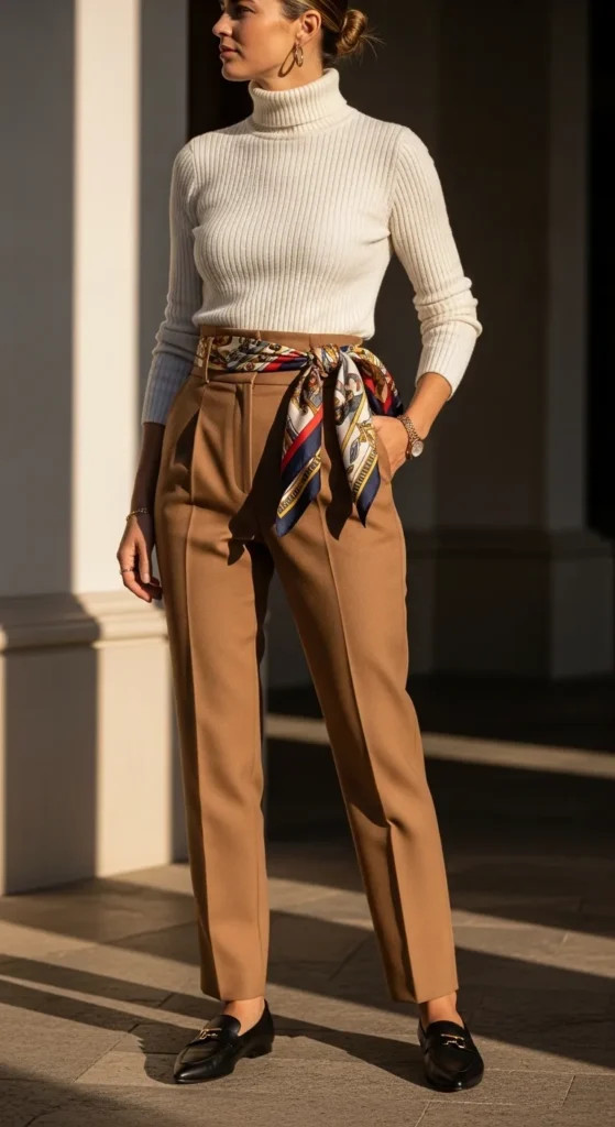 Waist-Tied Silk Scarf with Wide-Leg Trousers — Silk Scarf Outfits