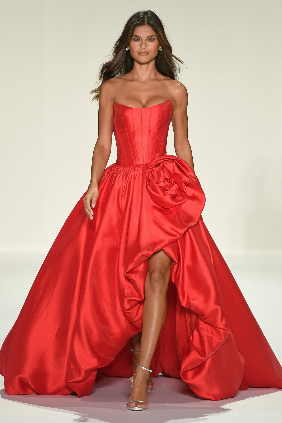 Red Satin Ballgown with High-Low Skirt and Floral Applique — High Low Dresses