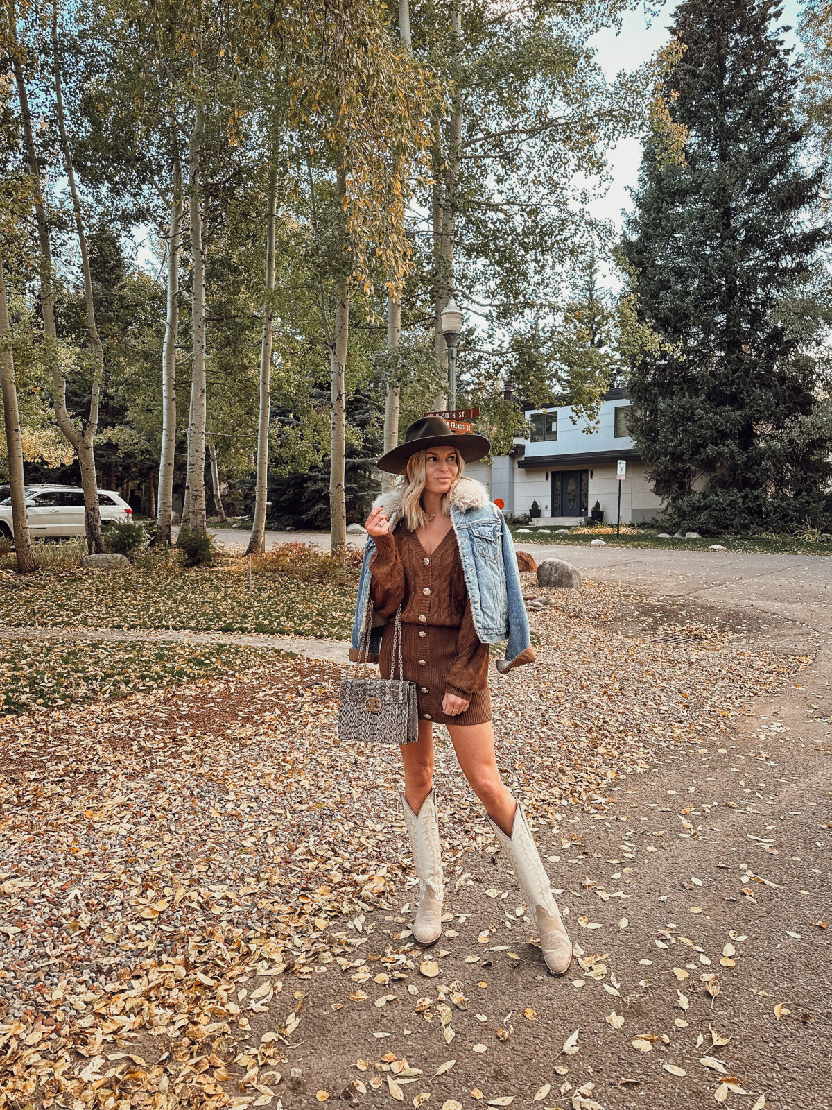 Denim Jacket with Faux Fur Trim Over a Cable-Knit Mini Dress — Colorado Outfits