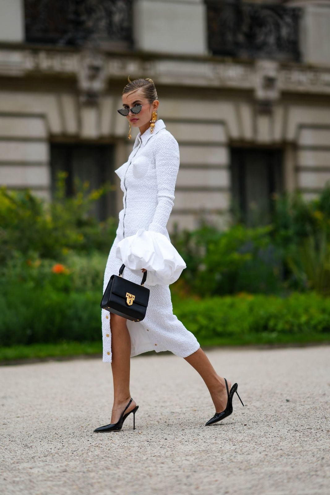 Statement Sleeves and Midi Dress with Black Slingbacks for a Fashion Forward Look — Slingback Heels Outfits