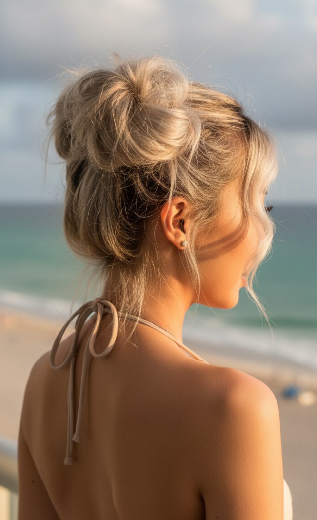 High Messy Bun With Face-Framing Bangs