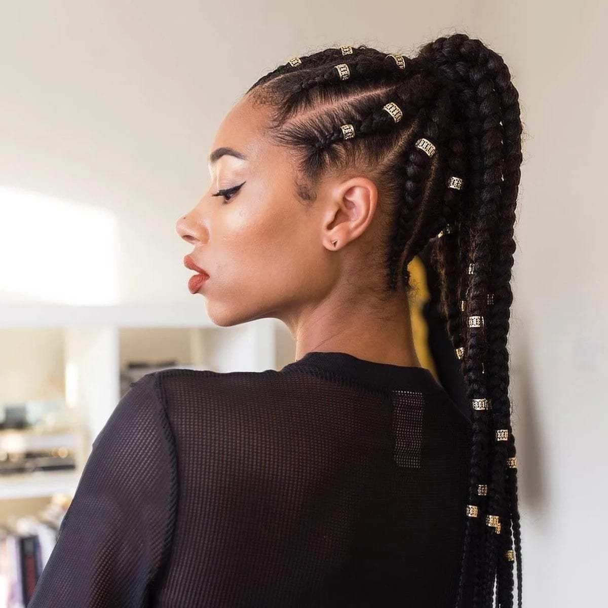 High Ponytail With Stitch Braids And Beads — Braided Ponytail