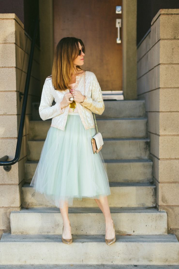 Daytime Sparkle: Mint Green Tulle Skirt with a Sequined Jacket — Tulle Skirt Outfits