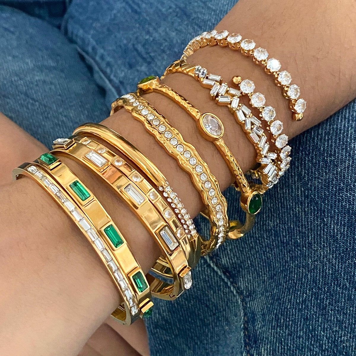 Emerald and Clear Stone Accented Gold Bangles — Bangle Stacks
