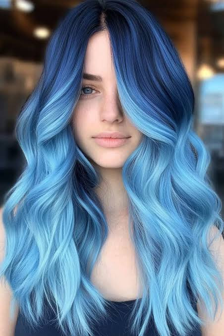 Ombre Blue With Curtain Bangs Ombre Blue With Curtain Bangs — Sky Blue Hair