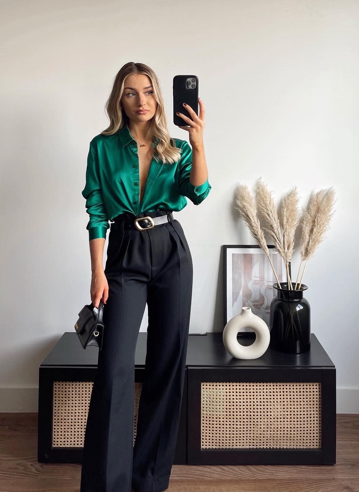 Unbuttoned Emerald Green Satin Shirt with Black Trousers — Satin Top Outfits