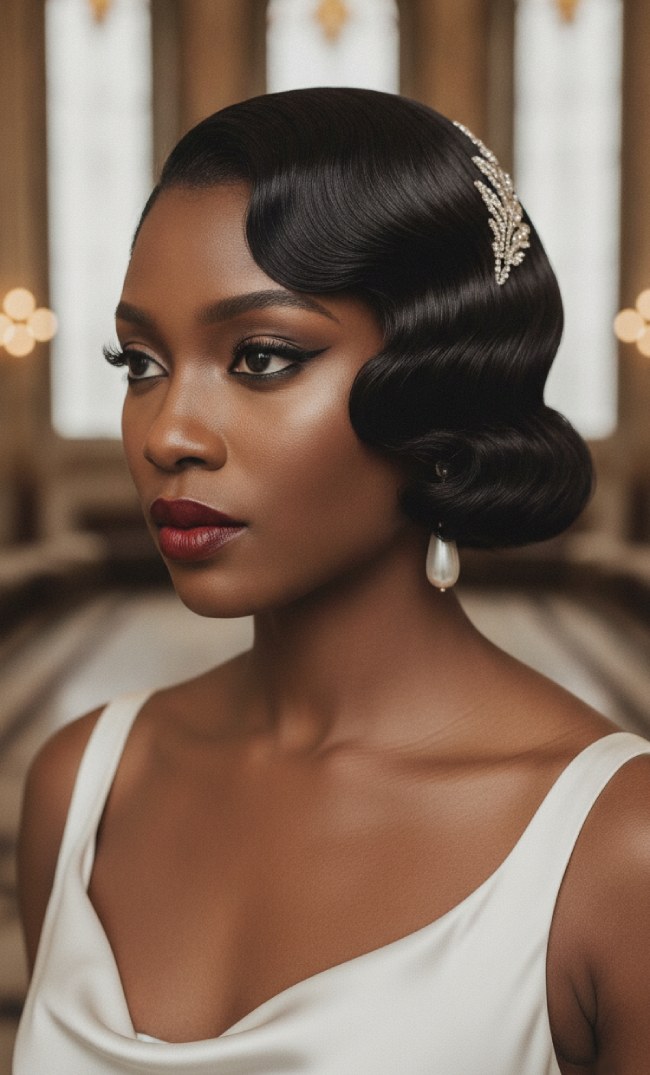 Sculpted Finger Waves With Deep Side Part