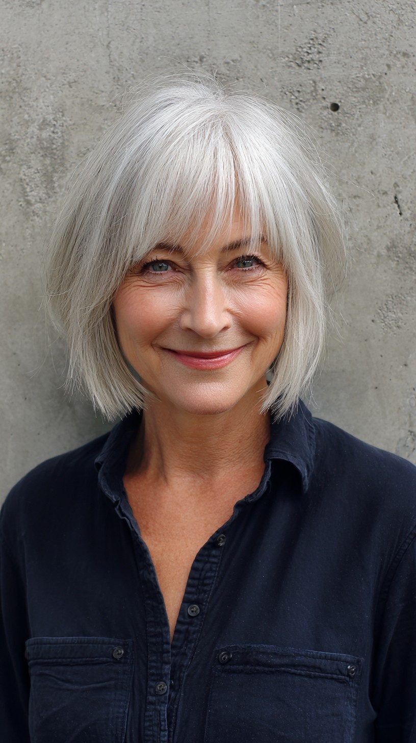 Textured Bob With Wispy Bangs — Gray Hair with Bangs
