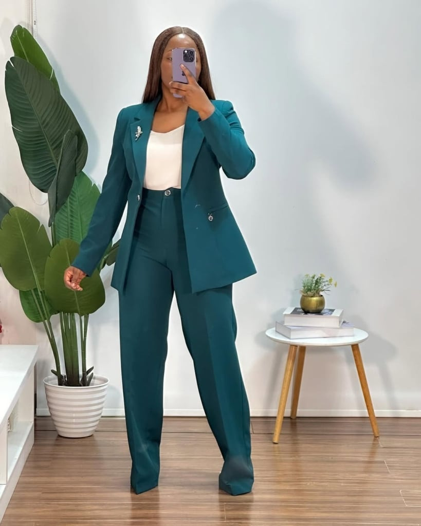 Teal Pantsuit with a Double-Breasted Blazer and Wide-Leg Trousers Teal Pantsuit with a Double-Breasted Blazer and Wide-Leg Trousers — Teacher Conference Outfits