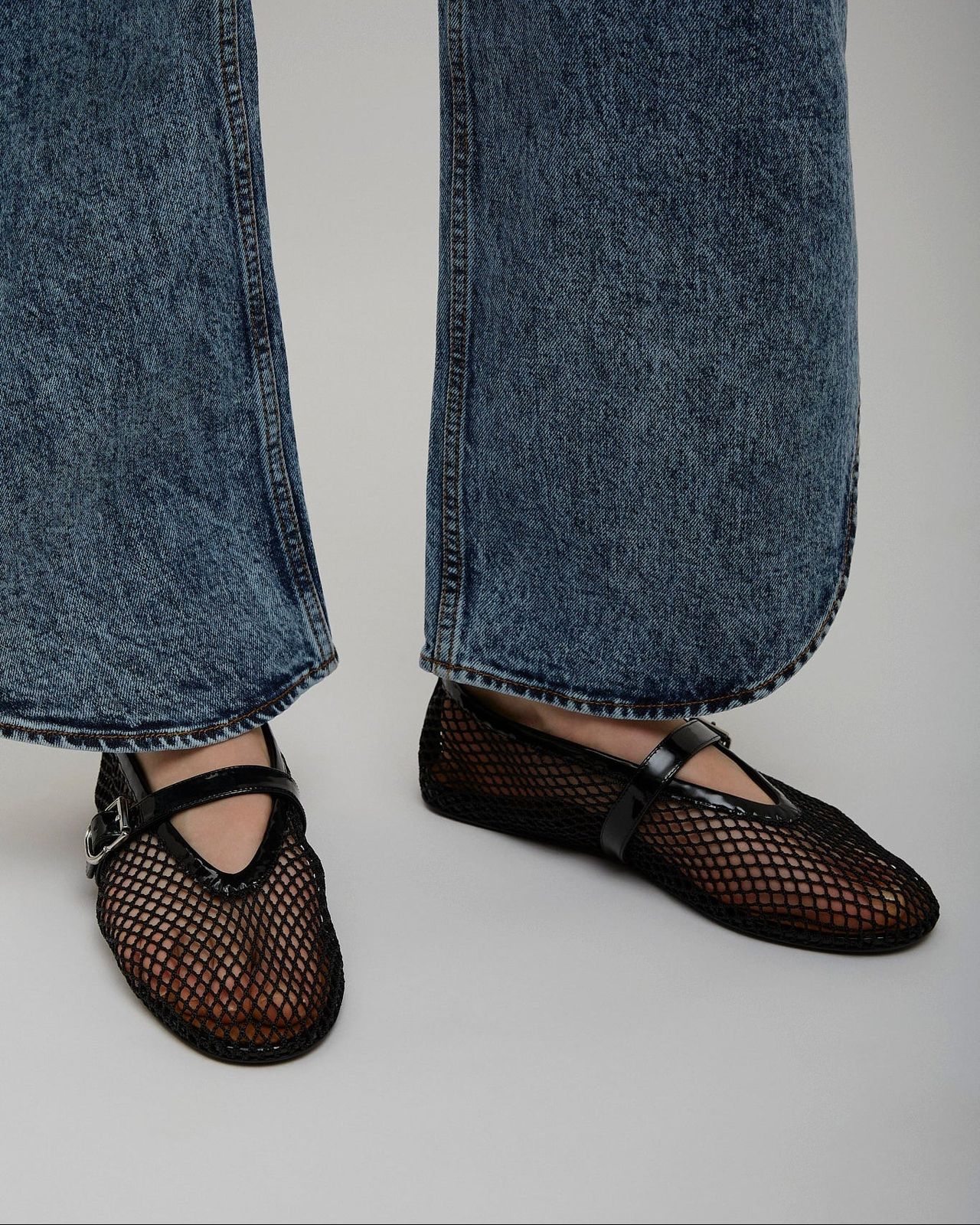 Buckled Black Mesh Flats with Wide-Leg Blue Denim Buckled Black Mesh Flats with Wide-Leg Blue Denim — Mesh Ballet Flats Outfits
