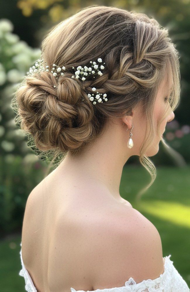 Braided Chignon With Floral Accents — Natural Hair Wedding Styles