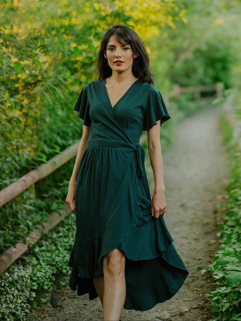 Dark Green High-Low Hem Wrap Dress for Casual Wear Wrap Dresses