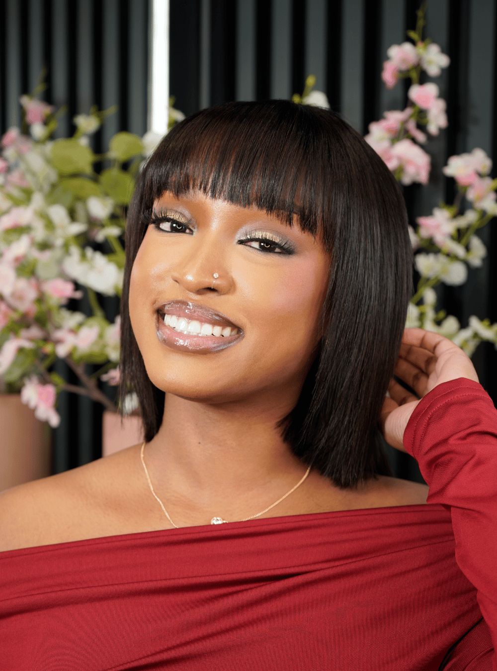 Front View Fine Black Bob With Sleek Blunt Bangs — Bob with Bangs