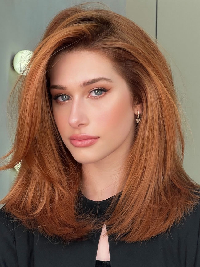 Copper Layered Bob With Curtain Bangs Copper Layered Bob With Curtain Bangs — Straight Hairstyles