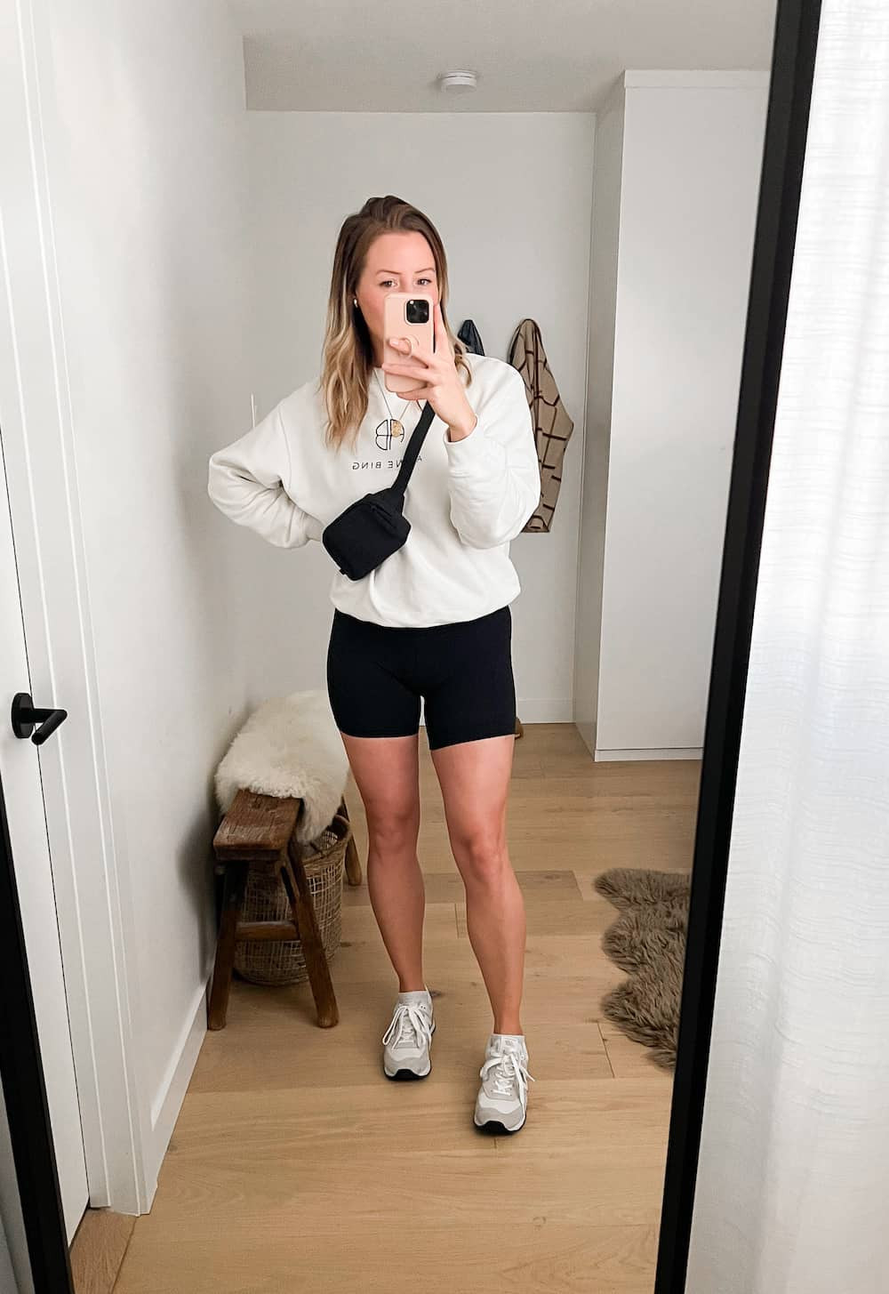 Athleisure Appeal: 574s with Biker Shorts and Sweatshirt — New Balance 574 Outfits