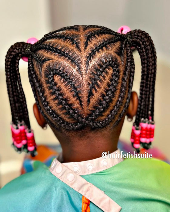 Heart Pattern Cornrows Into Pigtails — Kids Cornrows
