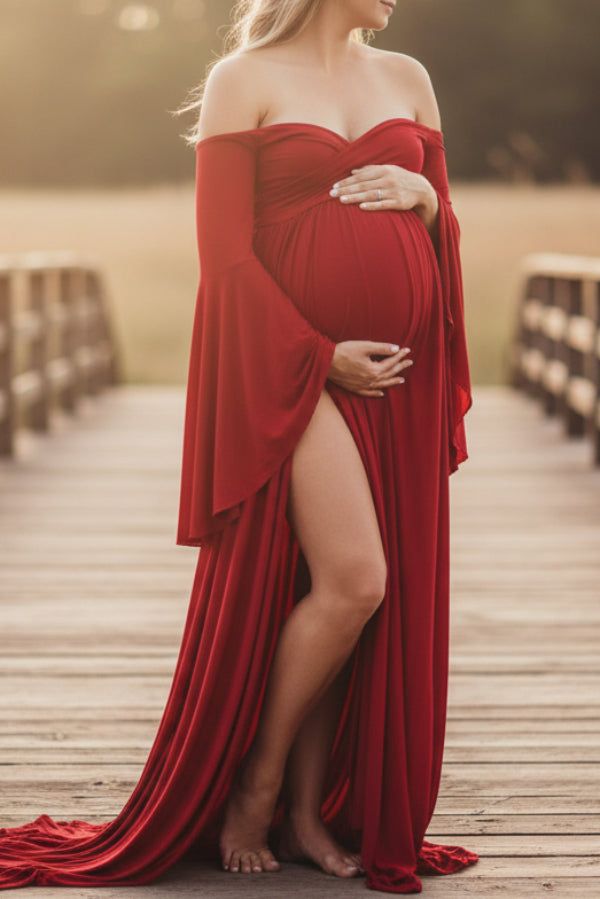 Red Off-Shoulder Maternity Gown with Bell Sleeves Red Off-Shoulder Maternity Gown with Bell Sleeves — Maternity Dresses