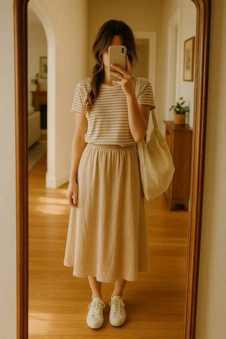 Midi Skirt and Striped Tee for Everyday Ease — Outfits for Mom Bod