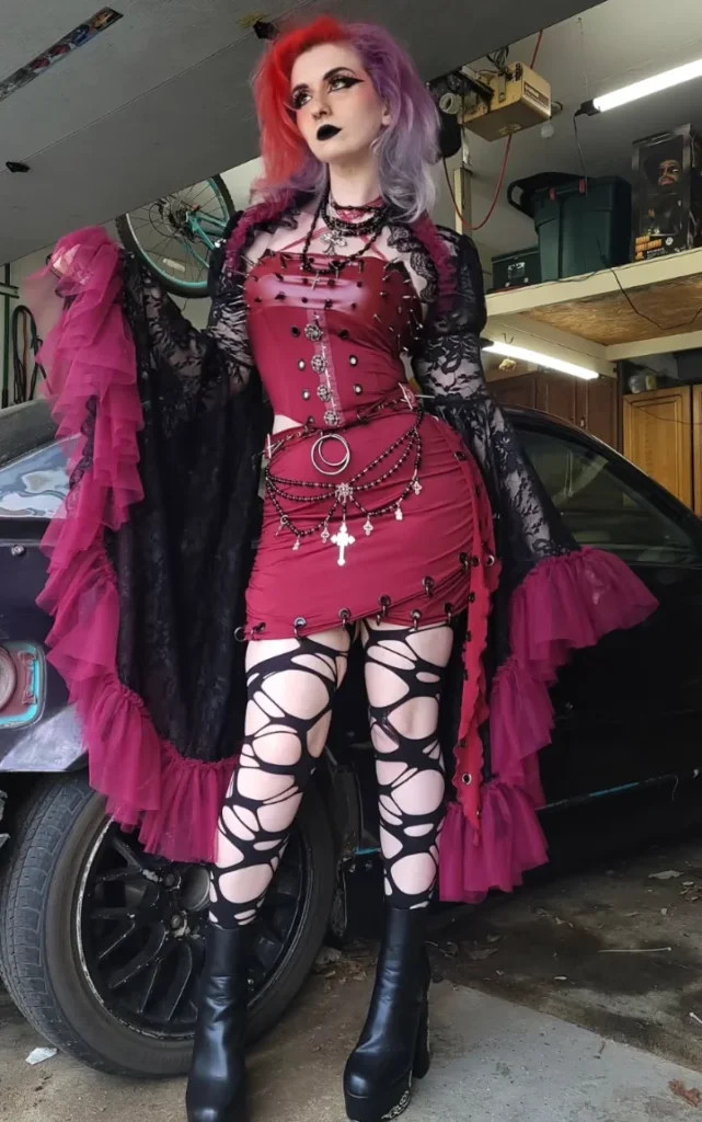 Red Corset Top with Ruffled Cape and Platform Boots — Pastel Goth Outfits