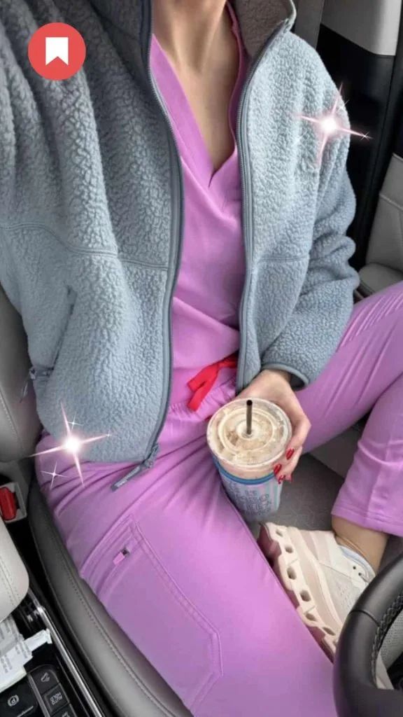 Cozy Grey Fleece Jacket Over Pink Scrubs Cozy Grey Fleece Jacket Over Pink Scrubs — Nurse Outfits