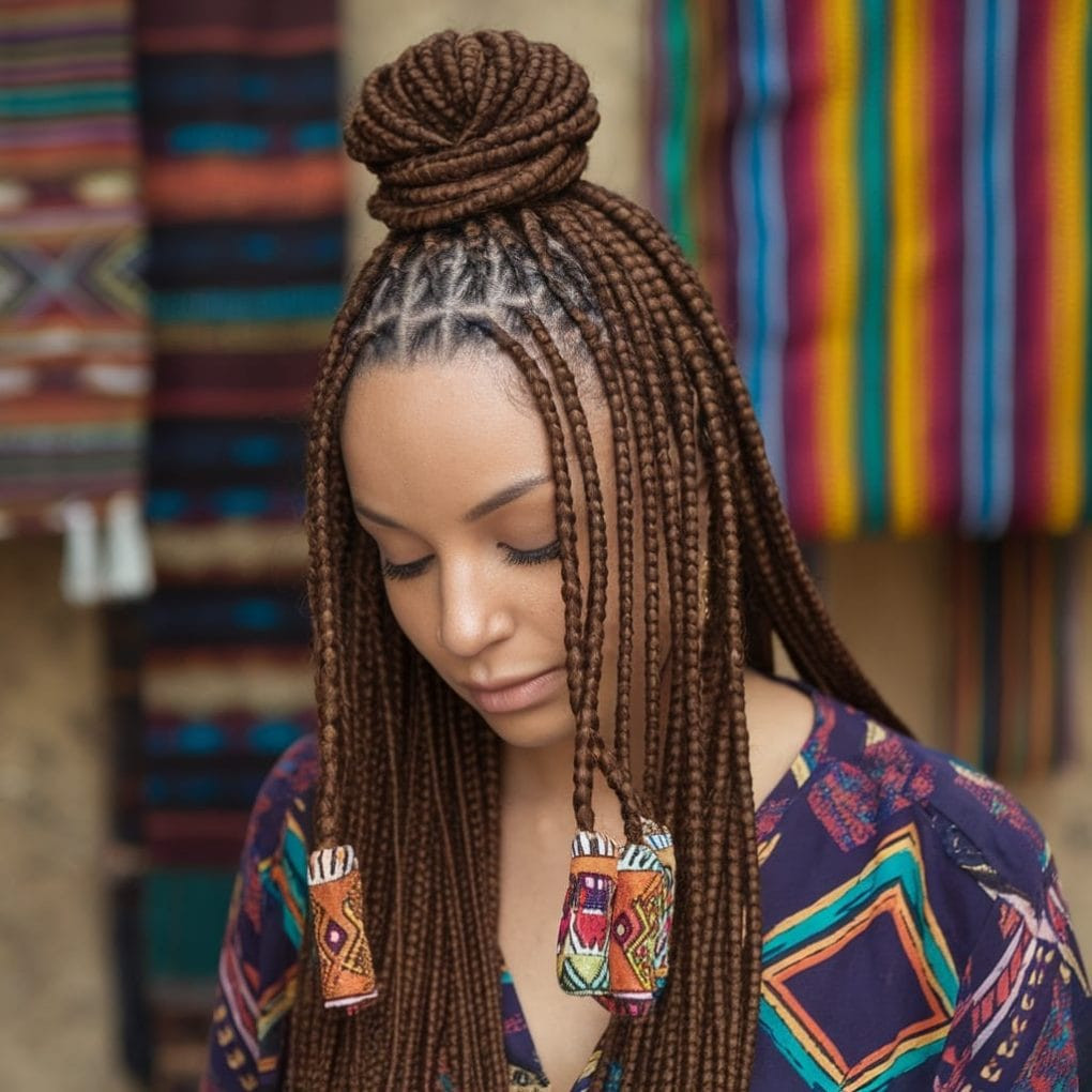 High Bun With Colorful Beads High Bun With Colorful Beads — Knotless Braids Bun