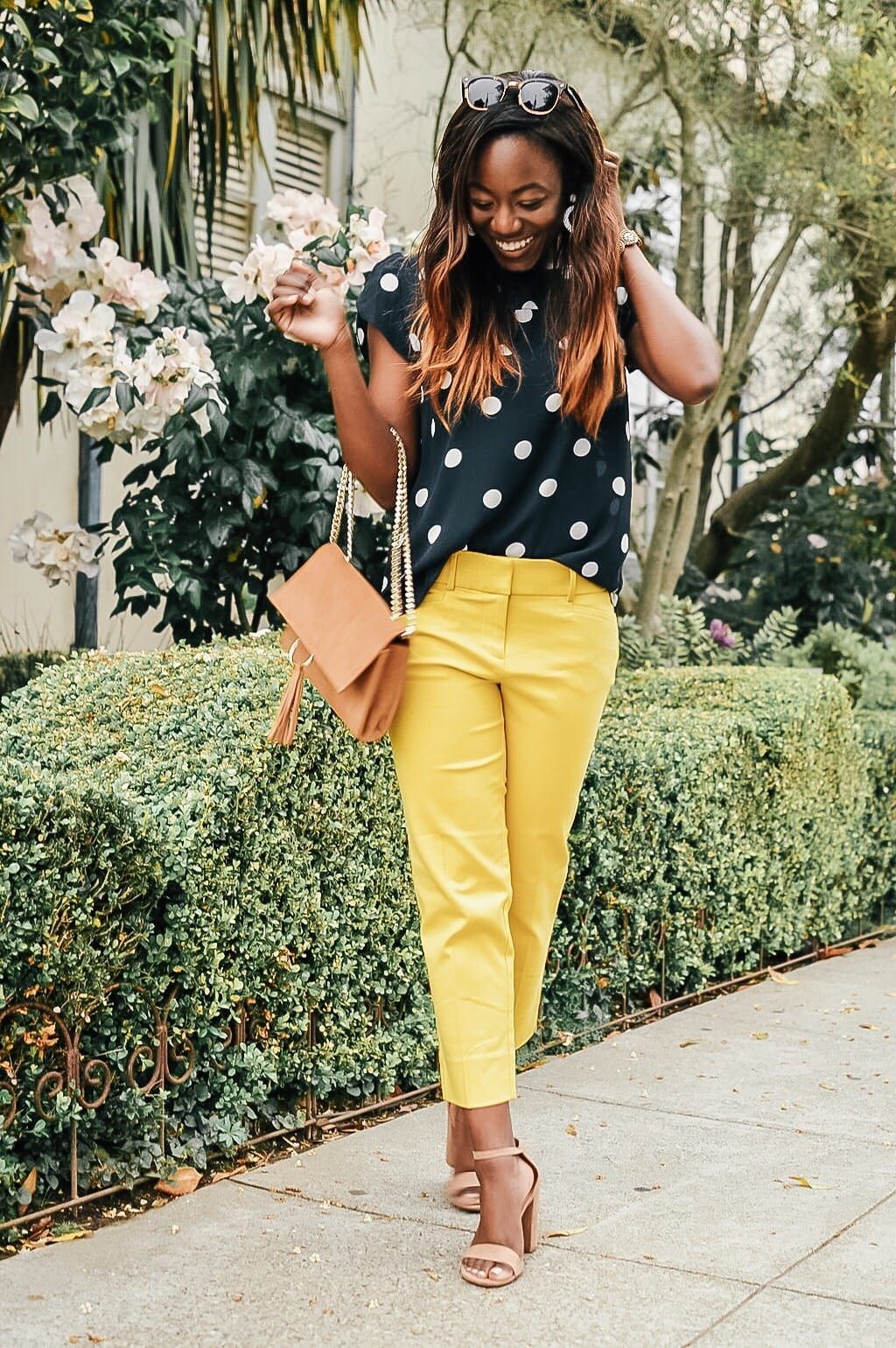 Pop of Color: Polka Dot Blouse with Yellow Trousers Pop of Color: Polka Dot Blouse with Yellow Trousers — Internship Outfits