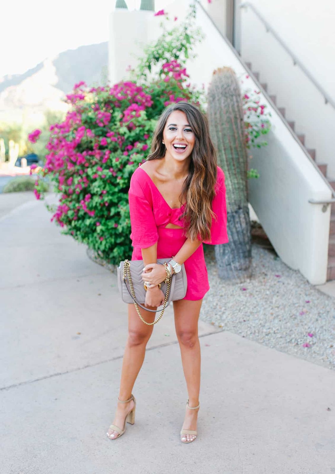 Tie-Front Pink Romper with Nude Heels — Scottsdale Outfits