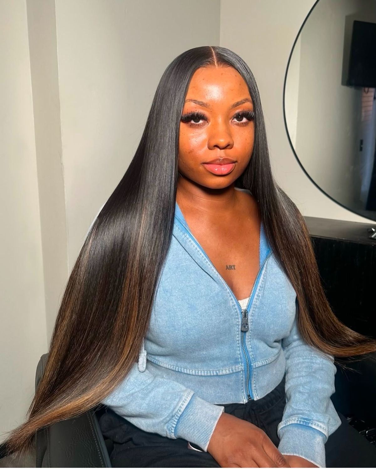 Straight Dark Brown With Caramel Highlights — Closure Sew In