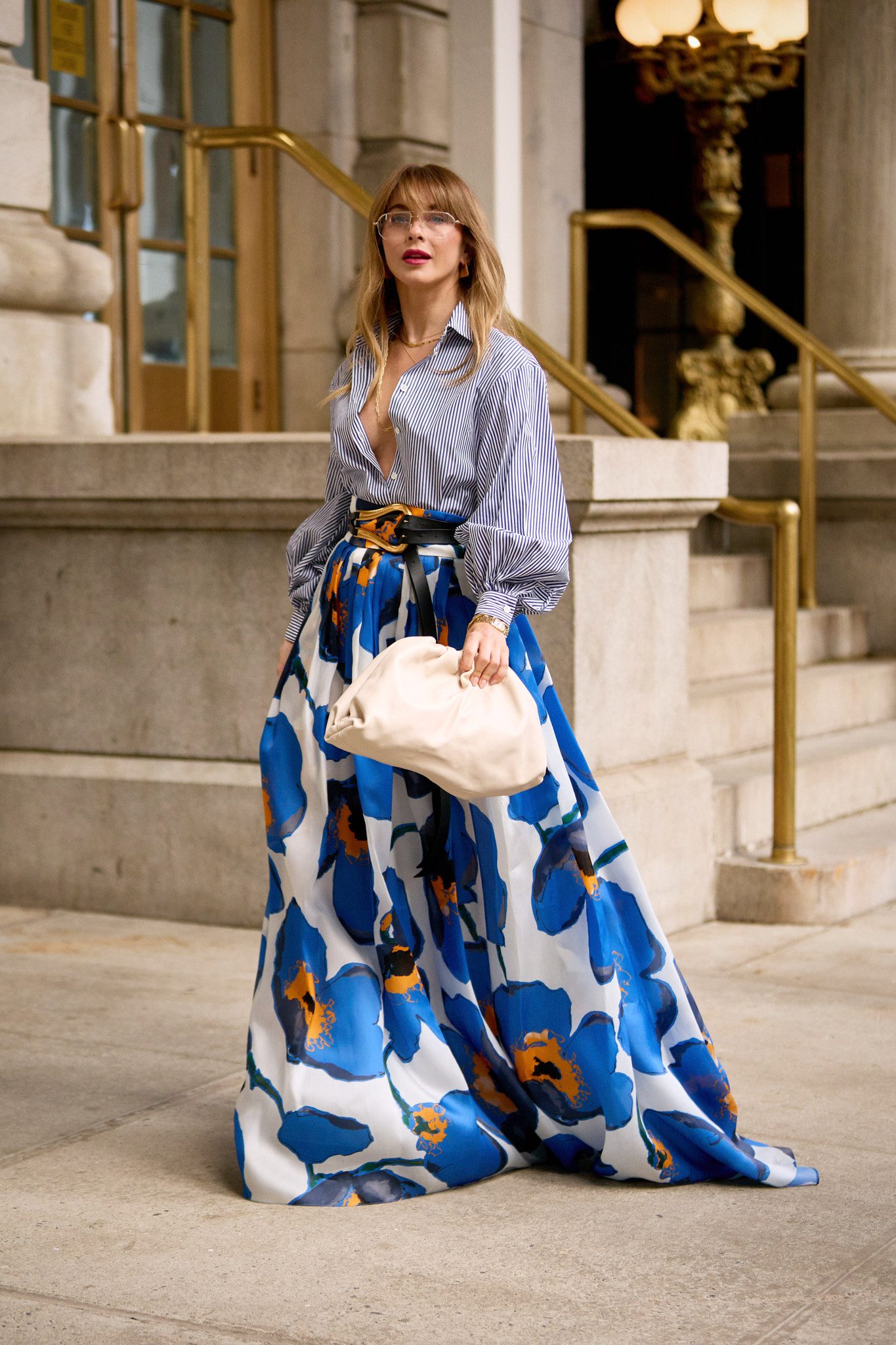 Striped Button-Down with Voluminous Floral Maxi Skirt — Long Skirt Outfits