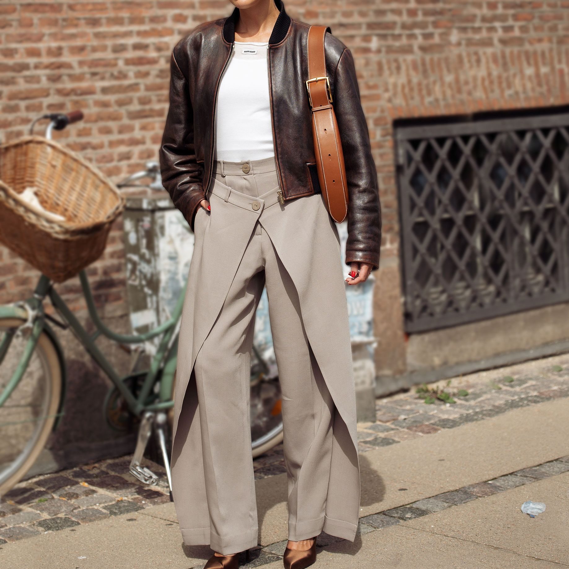 Beige Wrap Trousers with a Leather Bomber Jacket — Trouser Outfits