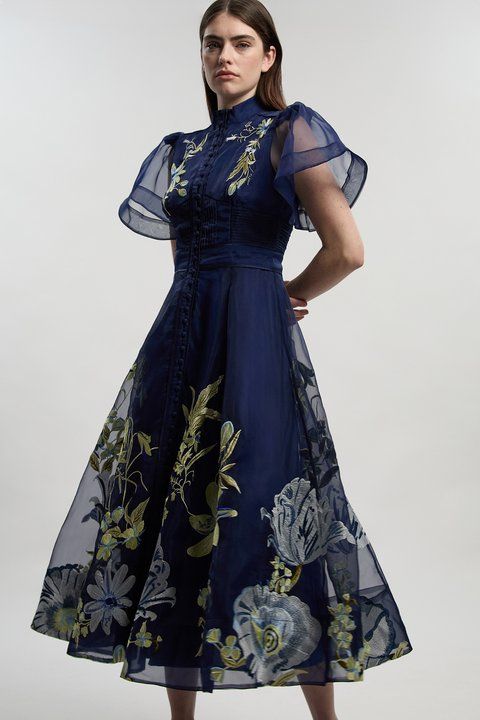 Black Midi Dress with Red Floral Print and Cape Overlay — Floral Dresses