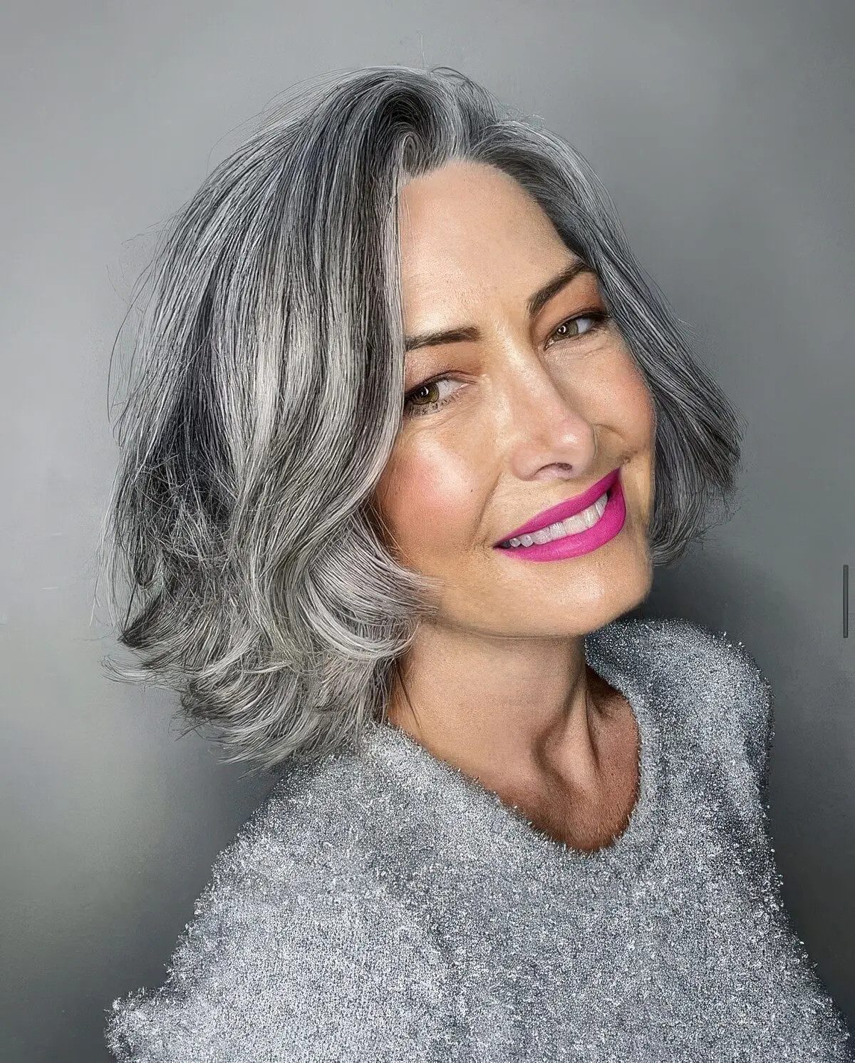 Chin-Length Bob With Striking Gray Blend Chin-Length Bob With Striking Gray Blend — Gray Blending for Dark Hair
