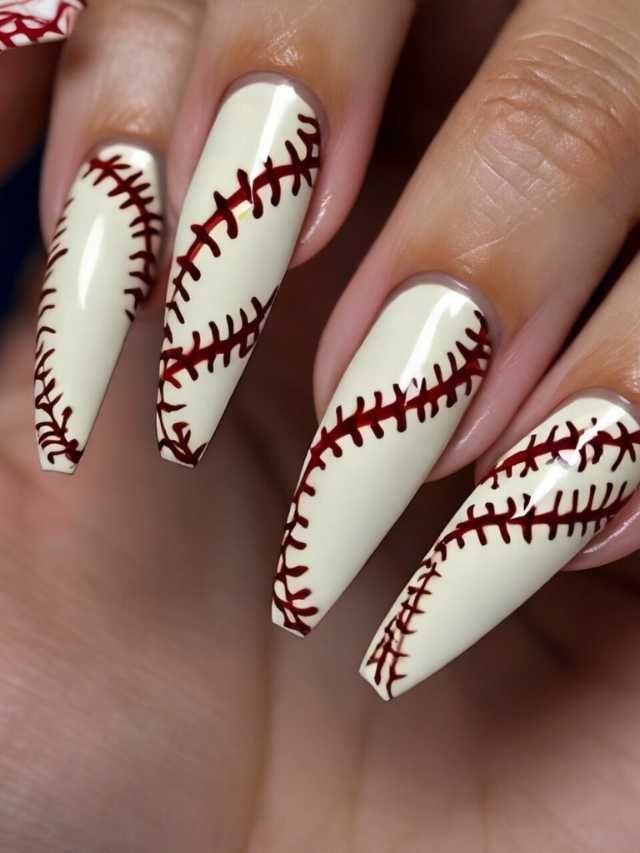 Realistic Dark Red Softball Stitch Coffin Nails — Softball Nails