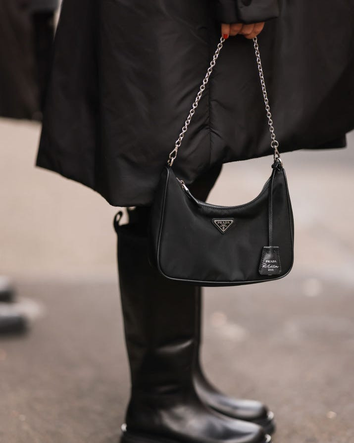 Black Prada Nylon Bag with Knee-High Boots Black Prada Nylon Bag with Knee-High Boots — Prada Bag Outfits