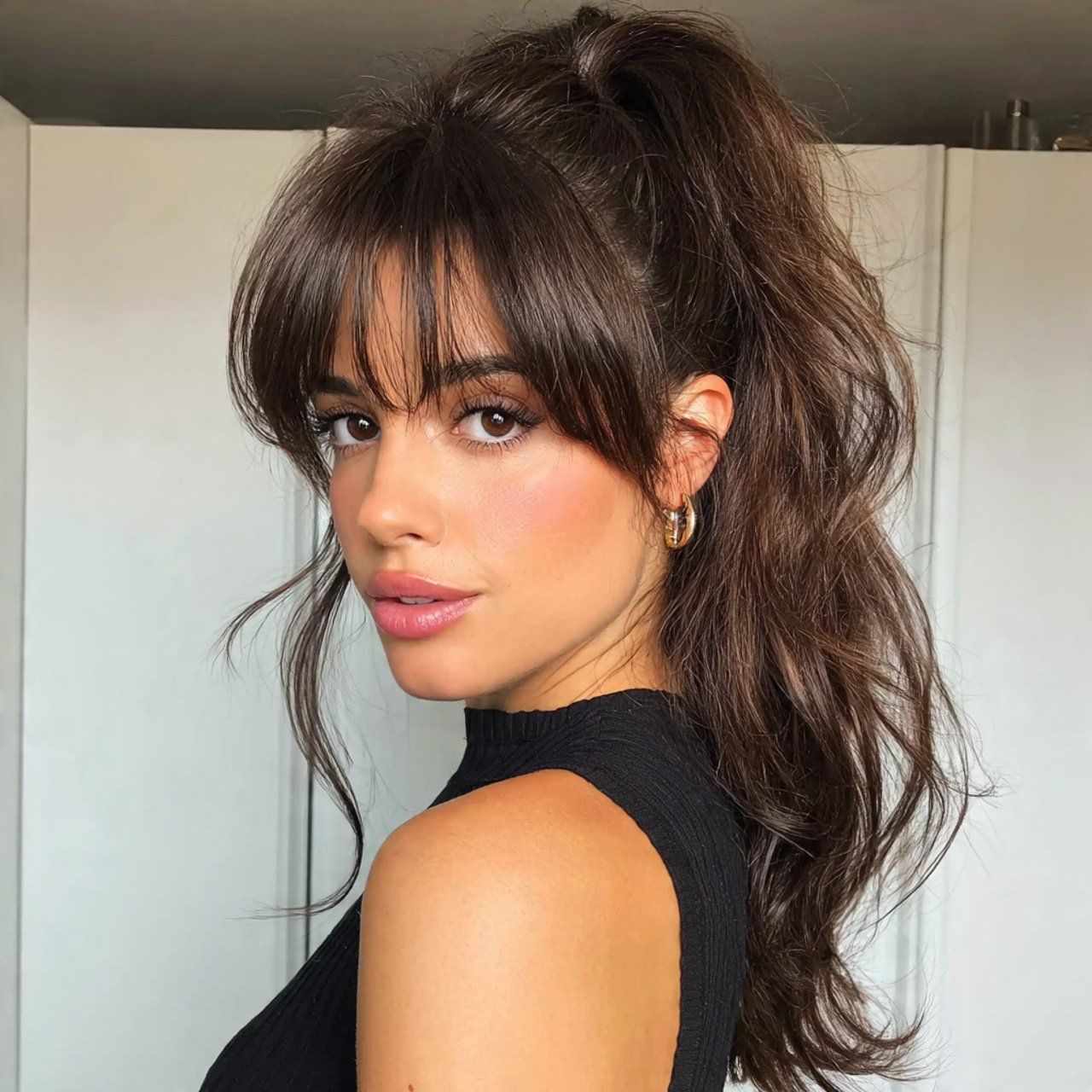 Layers Voluminous Dark Brown Ponytail Layers Voluminous Dark Brown Ponytail — Ponytail with Curtain Bangs