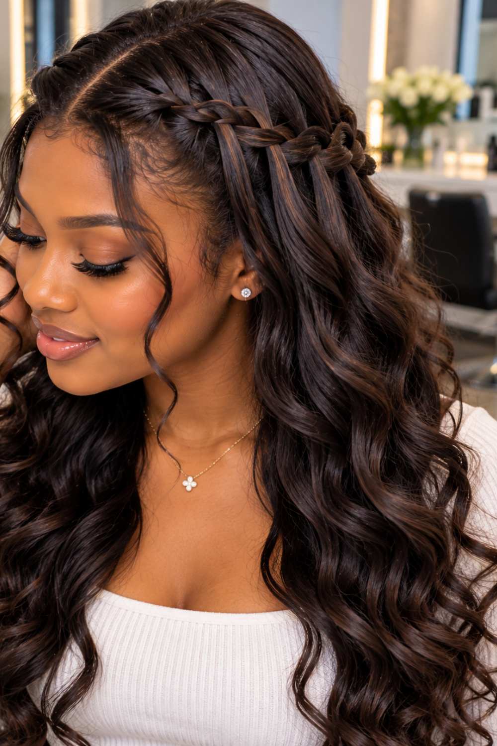 Thick Wavy Waterfall Braid With Bangs
