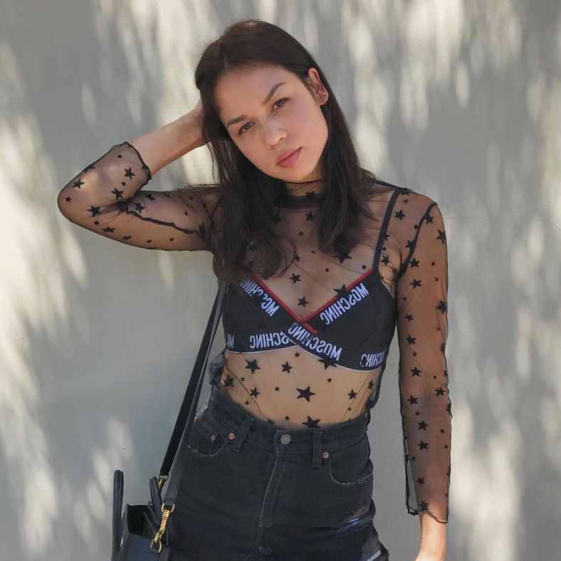 Star-Print Mesh Top with Black Shorts — Mesh Top Outfits