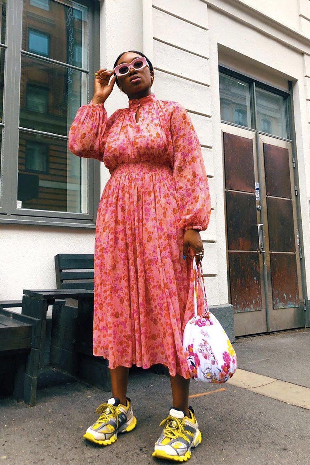 Pink Floral Chiffon Midi Dress Paired with Sneakers — Dresses for Women Over 70