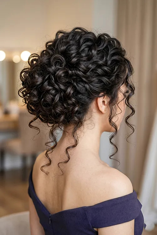 Voluminous Dark Brown Updo with Curls Voluminous Dark Brown Updo with Curls — Prom Hairstyles for Curly Hair