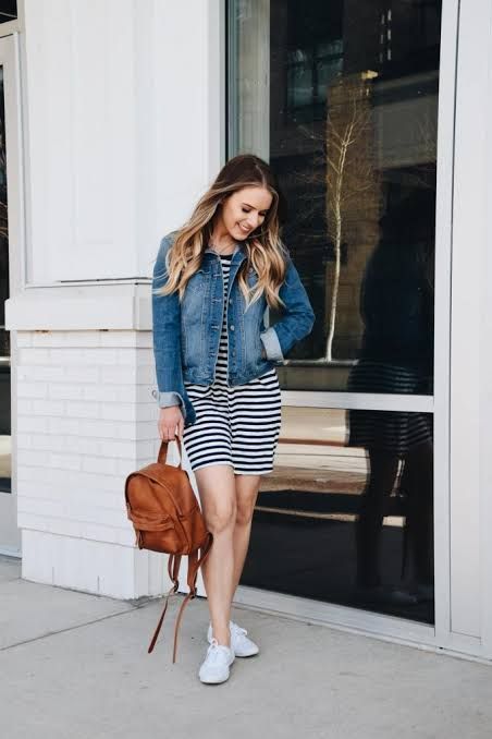 Striped Tee Dress with Denim Jacket and Backpack Striped Tee Dress with Denim Jacket and Backpack — T Shirt Dress Outfits