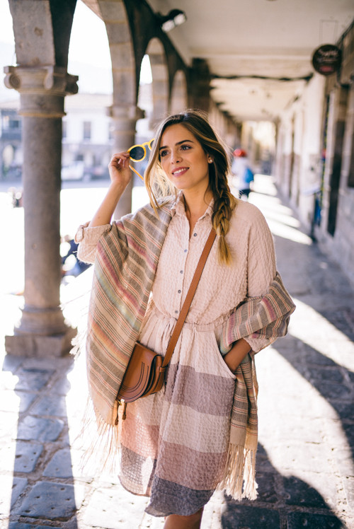 Woven Striped Shawl Adds Color to a Neutral Gauze Dress — Peru Outfits
