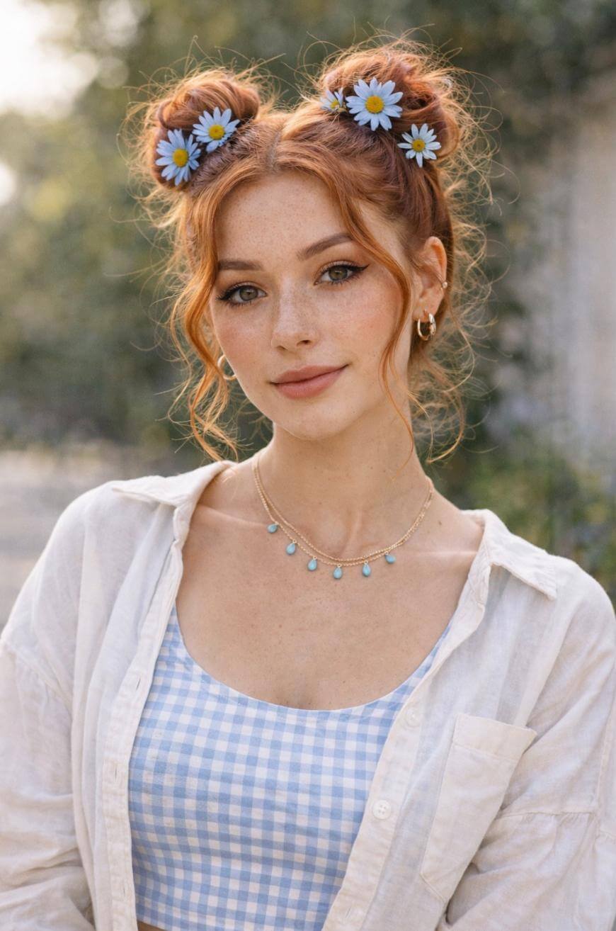 Messy Red Space Buns With Daisy Flowers Messy Red Space Buns With Daisy Flowers