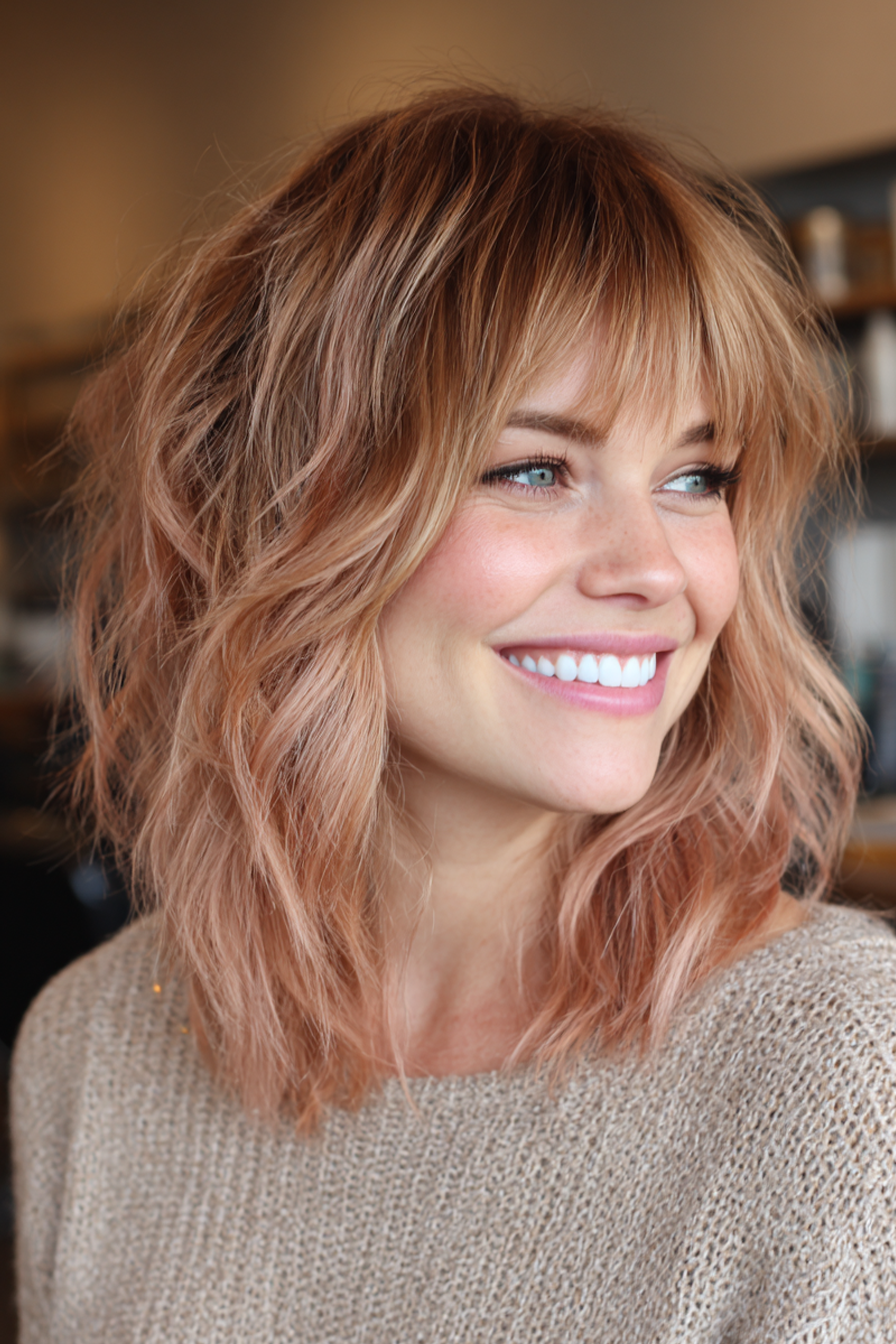 Rose Gold Shag With Full Bangs — Medium Hair with Bangs