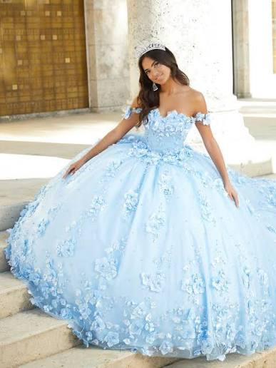 Light Blue Off-the-Shoulder Gown with Floral Appliques Light Blue Off-the-Shoulder Gown with Floral Appliques — Quinceanera Dresses