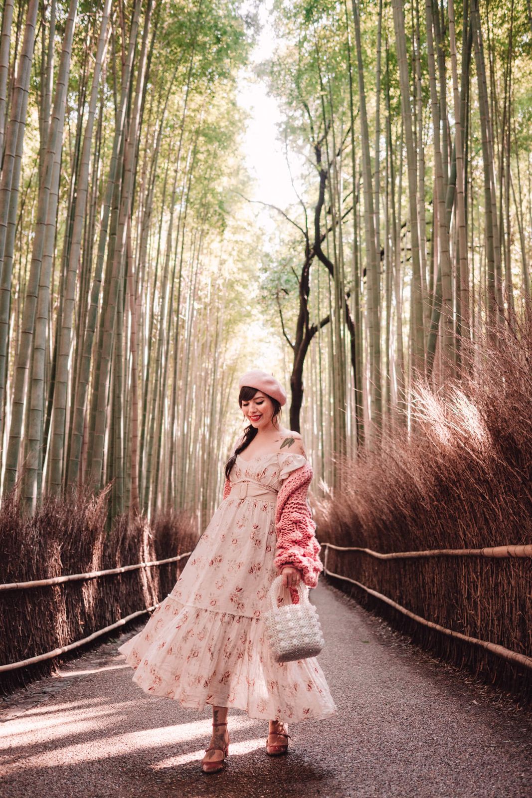 Whimsical Kyoto Sightseeing Outfit with Floral Dress and Pink Cardigan — Kyoto Outfits