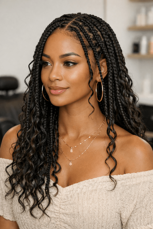 Natural Black Braids With Bohemian Curls — Medium Knotless Braids