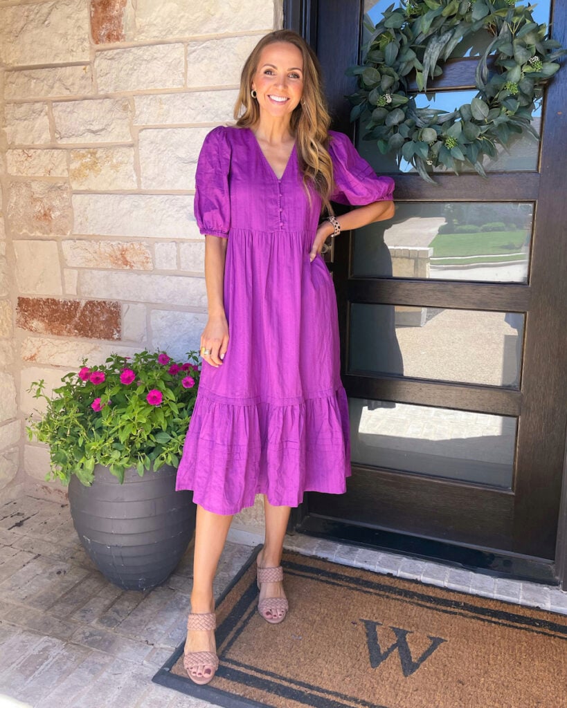 Vibrant Purple Tiered Midi Dress with Puff Sleeves Vibrant Purple Tiered Midi Dress with Puff Sleeves — Bridal Shower Outfits