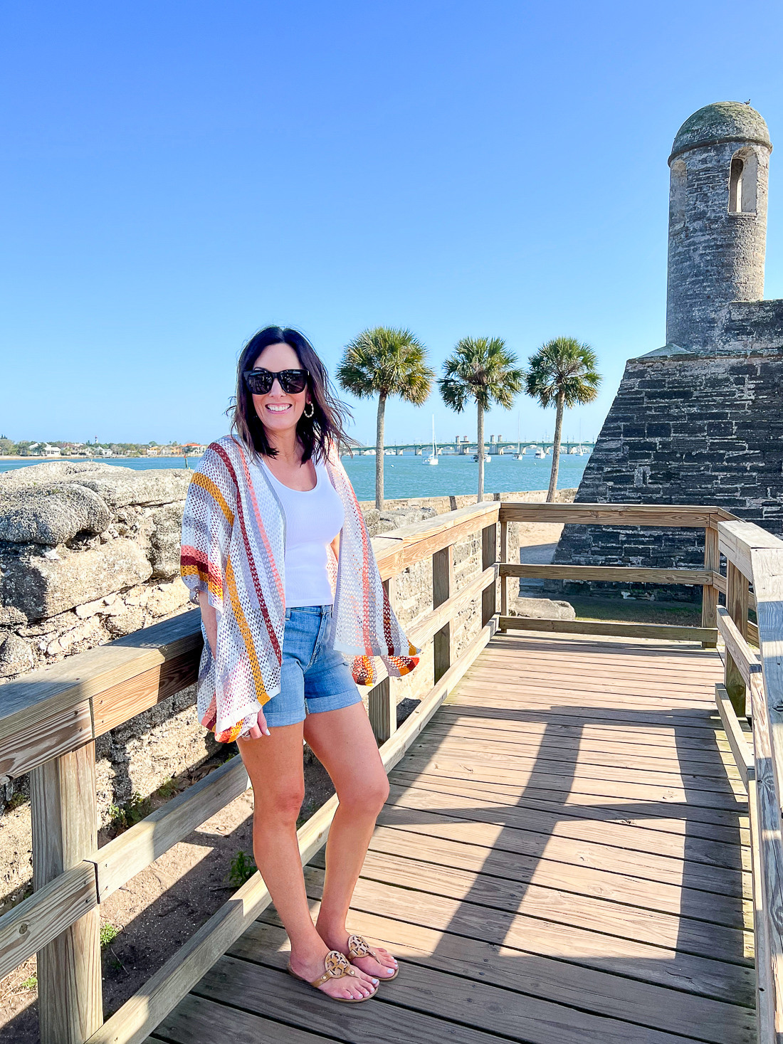 Striped Crochet Cardigan Over a Tank and Denim Shorts Striped Crochet Cardigan Over a Tank and Denim Shorts — Florida Outfits