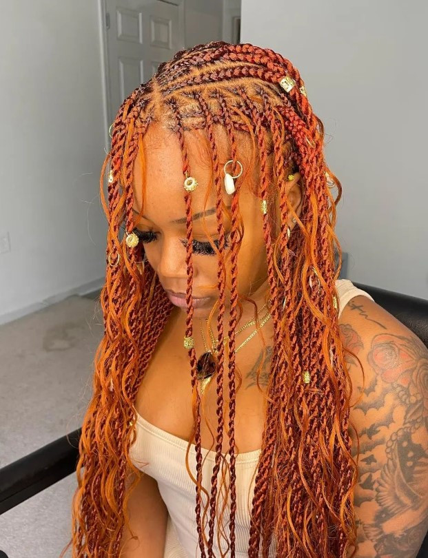 Ginger Box Braids With Curly Ends And Adornments Ginger Box Braids With Curly Ends And Adornments — Ginger Braids
